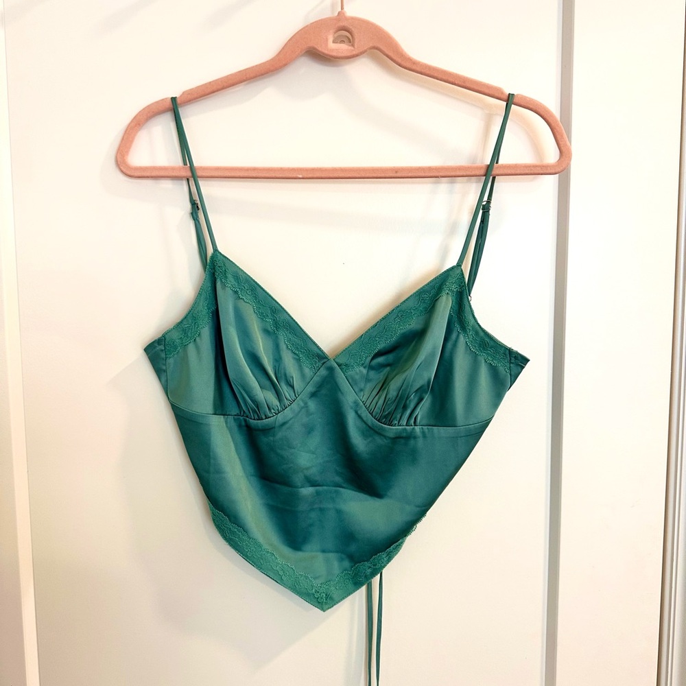 Vibrant Teal Satin Tank Top with Spaghetti Straps and Deep V-Neck